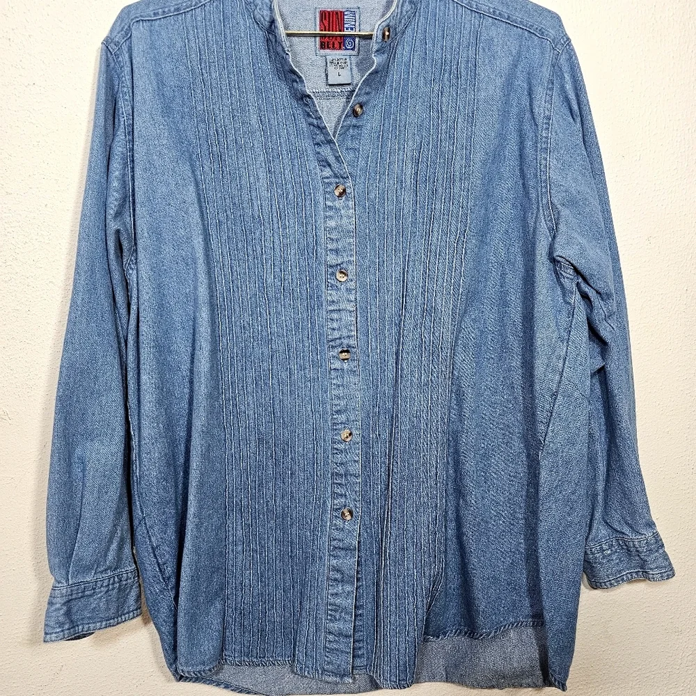 Sun Belt Blue Denim Button-Up Shirt Sz L Womens - Picture 9 of 11